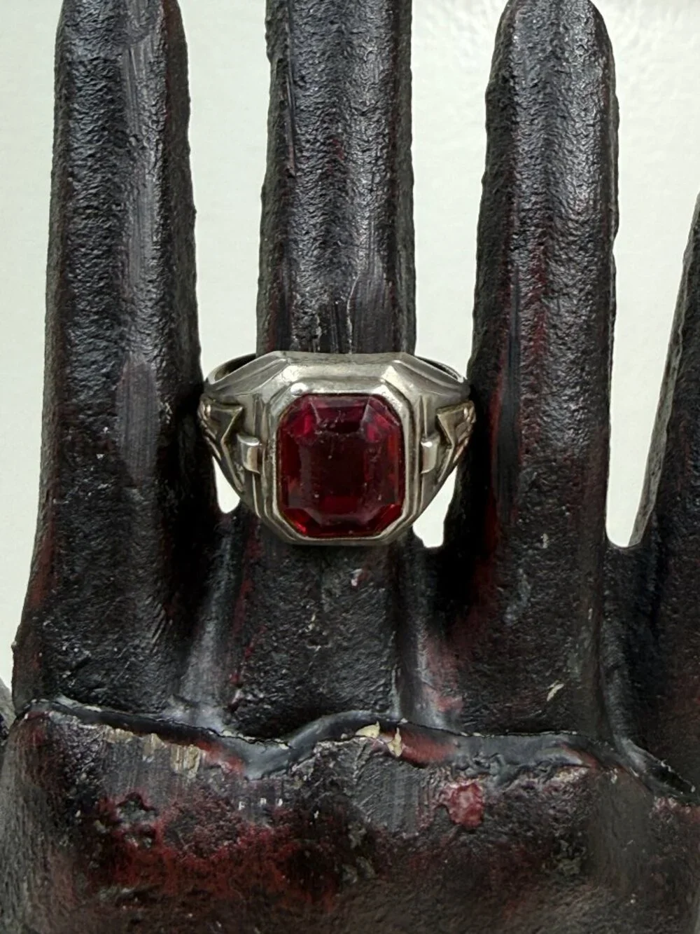 Vintage Art Deco Red Glass Sterling Silver Ring Size 11